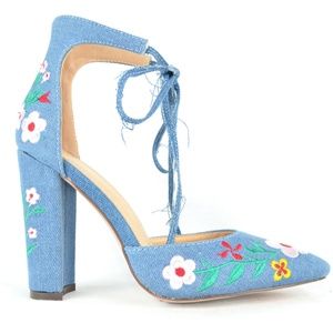 Women's Denim Floral D'orsay Chunky Heel Pump
